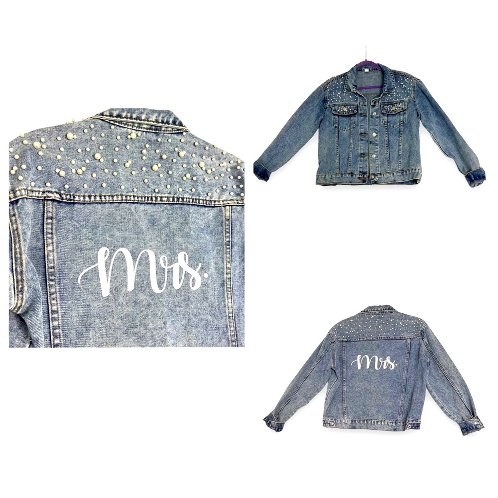 Mrs Bachelorette Wifey Pearl Embellished Plus Size Medium Wash Denim Jacket 2X